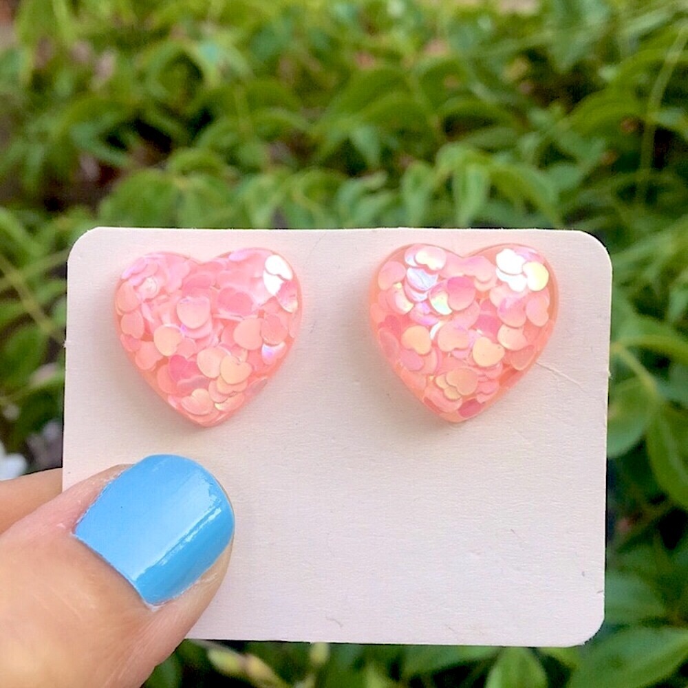 Iridescent Pink Glitter Heart Statement Earrings